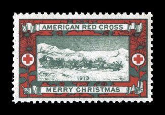 WX11, 1913 Christmas Seal, Type I, well centered and margined, deep colors and strong detailed impressions, o.g., n.h., owners handstamp on reverse, very fine an exceptionally
rare stamp and the key to completing a Christmas Seal collection.