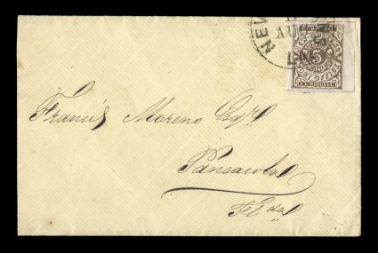62X3, New Orleans, La., 5c Brown on white Postmaster Provisional, position 38, four large margins including a tiny bit of the imprint at bottom, strong color, tied by New
Orleans c.d.s. on cover to Pensacola, Fla., slightly reduced at left, very