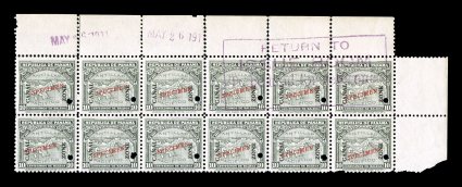 37S, 10c Gray, with red Specimen overprint and security punch, top right margin block of twelve, with violet Return to Issue Room To be held for reference handstamp at top
right, o.g., most stamps n.h., light pencil position numbers on back