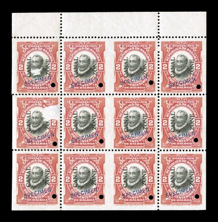 53cS, 2c Vermilion and black, booklet pane of six, with blue Specimen overprint and security punch, block of twelve stamps comprising two booklet panes, strong colors, o.g.,
n.h., some perf. separations at left and left middle stamp with surfa