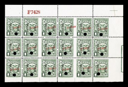 68S var., 1c Dark green, booklet pane of six, with red Specimen overprint and security punch, block of eighteen divided to be cut into booklet panes of six (this stamp was never
issued as a booklet pane), top right corner block with control nu
