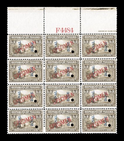 J4S, 1c Olive brown postage due, with red Specimen overprint and security punch, top margin block of twelve with partial imprint and control number F4484 in selvage, o.g., n.h.,
each with light pencil position number on back, a few separations