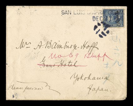 5, 5c Blue, tied by San Luis DApra GuamDec 27, 1899 straight line and cork cancel on cover to Yokohama, Japan, several backstamps including Manila Mil. Station, Hong Kong and
various Japanese, stamp with small pre-usage crease, fine an