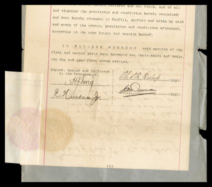 Charles R. Bishop 1890 document signed, English language lengthy trust deed between Charles Bishop and S.M. Damon for several pieces of property in San Francisco owned by Bishop
and put in trust to Damon to manage and sell if necessary, dated Dec