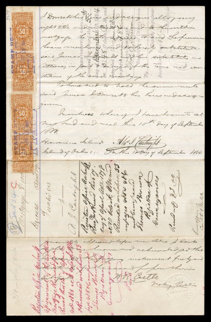 Alexander J. Cartwright, the acknowledged father of baseball, 1878 autographed document signed an interesting English language mortgage deed originally issued April 6, 1878 from
Tuahi to Alexander Cartwright, this in turn was assigned to James I.