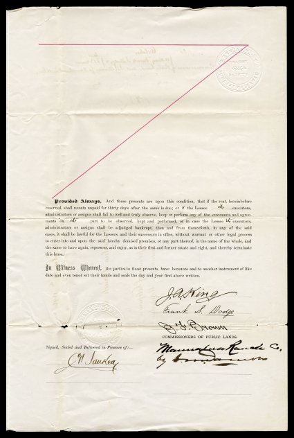 Curtis Piehu Iaukea 1896 document signed, Commission of Public Lands General lease No. 495 granted to The Maunalua Ranch Co. for the fish ponds of Kaihikapu and Lelepaua, the
document is dated October 17, 1896 and signed by three commissioners of