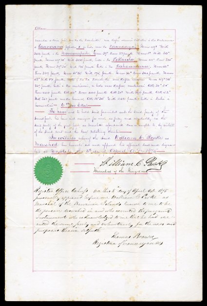 William Cooper Parke 1875 document signed, English language marshals deed granted to Kamaka, for a piece of land in Moanalua sold by court order to the highest bidder in
satisfaction of a debt owed, embossed colorless seal at top left inscribed