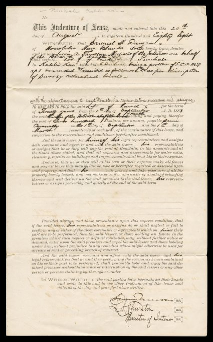 Lorrin Andrews Thurston 1888 document signed, English language lease granted by S.M. Damon to the Board of Health, dated August 20, 1880 and signed S.M. Damon and L.A. Thurston
as Minister of the Interior for the Board of Health, very fine L