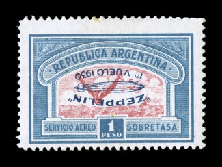 C21a, C22a, 1930 50c and 1P Zeppelins with inverted overprints, bright fresh colors, o.g., lightly hinged, 1P with faintly toned perf. at top, fine-very fine only 100 of each
were printed 1P signed Kessler and Sanabria, in addition both are ac