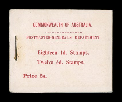 S.G. SB1, 1913 2- Booklet of twelve 12p and eighteen 1p Kangaroos, unexploded booklet, fresh covers except for light rust stain around the staple, one 1p stamp scissor cut, the
second and third 1p panes are still joined at the bottom, fine-ver