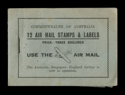 S.G. SB24a, 1930 3- Airmail booklet of twelve 3p air post stamps and labels, Use The Air Mail, unexploded booklet except that two of the labels are missing, faint toning affect
the front cover and two of the stamps, fine a rarely offered book
