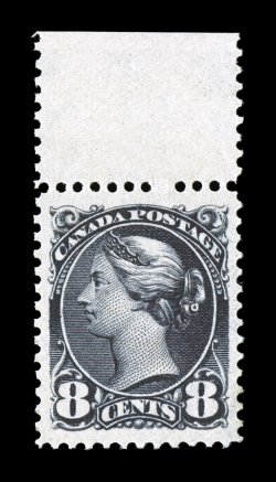 44, 1893 8c Violet black, a magnificent top sheet-margin single, flawlessly centered within extravagantly large margins, luxuriously rich color and a razor-sharp impression on
bright fresh paper, o.g., n.h., extremely fine gem certainly among