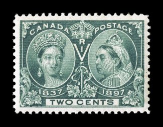 52, 1897 2c Jubilee, extraordinarily well centered within lavishly large margins, deep rich color and a crisp detailed impression, o.g., n.h., extremely fine gem (Unitrade
C$105.00).