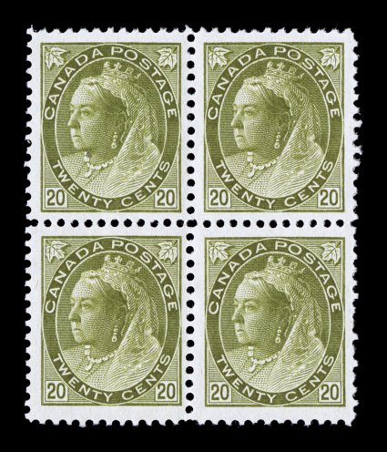 84, 1900 20c Olive green Numeral, mint block of four, well centered and margined (especially the right stamps), fresh color, o.g., top left stamp n.h., others l.h., top left
stamp with small natural gum inclusion, bottom right stamp with a few
