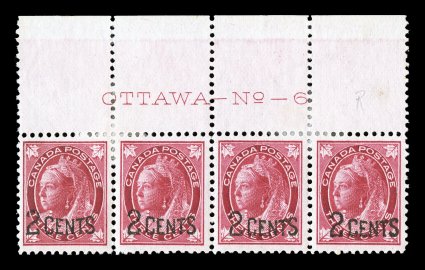 87, 1899 2 Cents surcharge on 3c Carmine Maple Leaf, three top margin imprint and plate number strips, strips of four of plate nos. 5 and 6, and a strip of three of plate no. 5,
stamps are generally very well centered, o.g., some h.r.s, ver