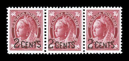 Unitrade 87i, 1899 2c on 3c Carmine, narrow spacing in a strip of three, the left two stamps have the narrow 4mm spacing, while the right two stamps have the normal 7mm spacing,
remarkably well centered and margined, intense vibrant color, o.g.,