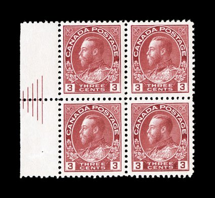 Unitrade 109ii, 1923 3c Carmine, left margin pyramid block of four, well centered, strong color, o.g., right stamps l.h., left stamps n.h., very fine.