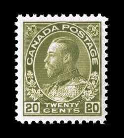 Unitrade 119iv, 1925 20c Olive green, retouched upper right spandrel line, well centered within exceptionally large margins, rich luxuriant color, flawless o.g., n.h., extremely
fine photocopy of a 2007 Greene Foundation certificate for a block