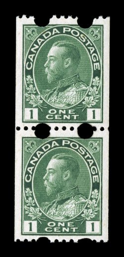Unitrade 131iv, 1918 1c Dark green, experimental Toronto coil, pair, deep rich color, well centered, o.g., n.h., choice very fine.