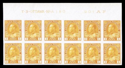 136, 1924 1c Orange yellow, imperforate, full top margin imprint and plate no. A 180 block of twelve, large margins, bright and fresh, o.g., hinged in the far top of selvage
only, stamps all n.h., extremely fine cataloged as a hinged plate bl
