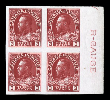 138ii, 1924 3c Carmine, right margin R-Gauge block of four, beautiful vivid color, large margins all around, o.g., n.h., extremely fine.