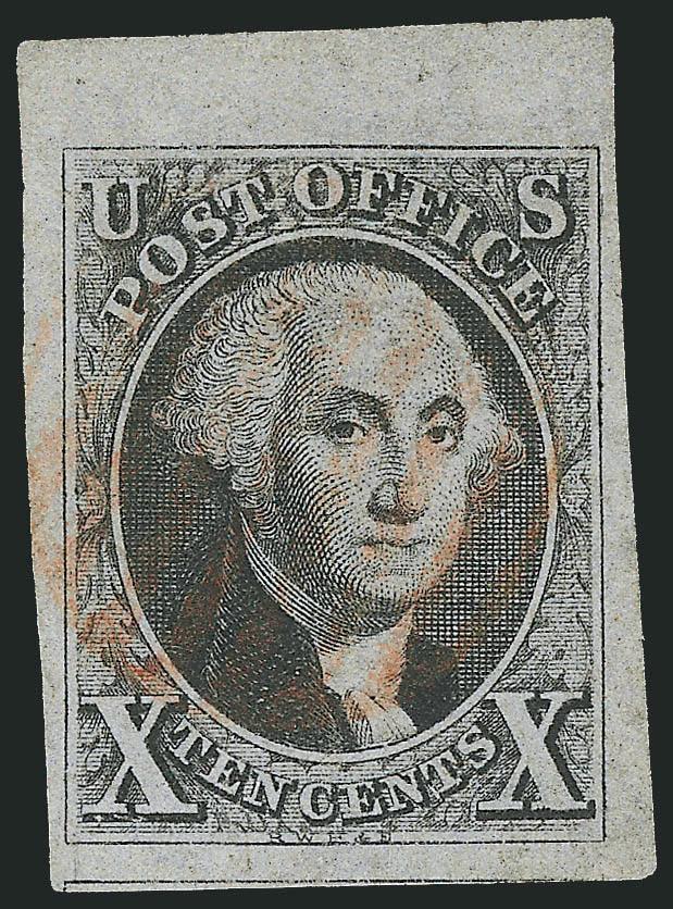 10c Black (2).> Large to huge margins incl. part of adjoining stamp at bottom and also <sheet margin at top,> bright shade and crisp impression, unobtrusive strike of red grid cancel<><>^EXTREMELY FINE GEM. A
STUNNING USED EXAMPLE OF THE 10-CENT 18