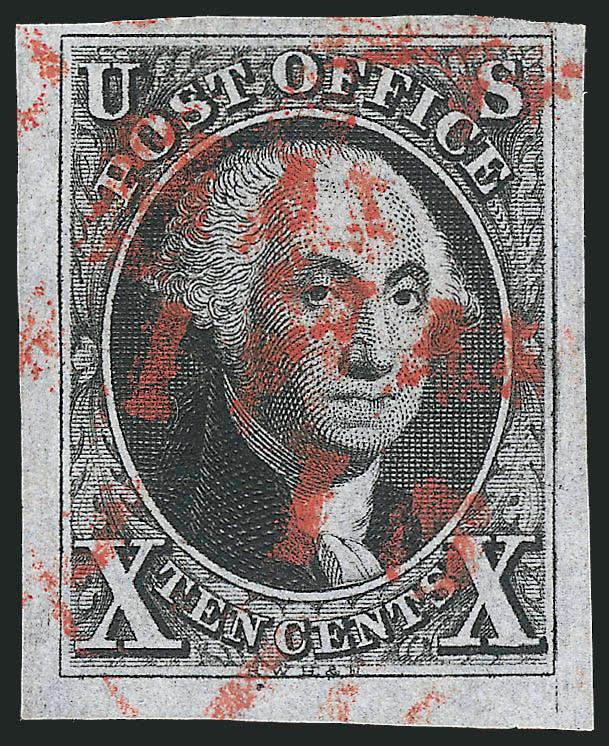 10c Black (2).> Huge margins to full, showing unusual recutting in frameline at right, intense shade and detailed impression, neat strike of red integral-rate circular datestamp<><>^EXTREMELY FINE GEM. A
SUPERB USED EXAMPLE OF THE 10-CENT 1847 ISSU