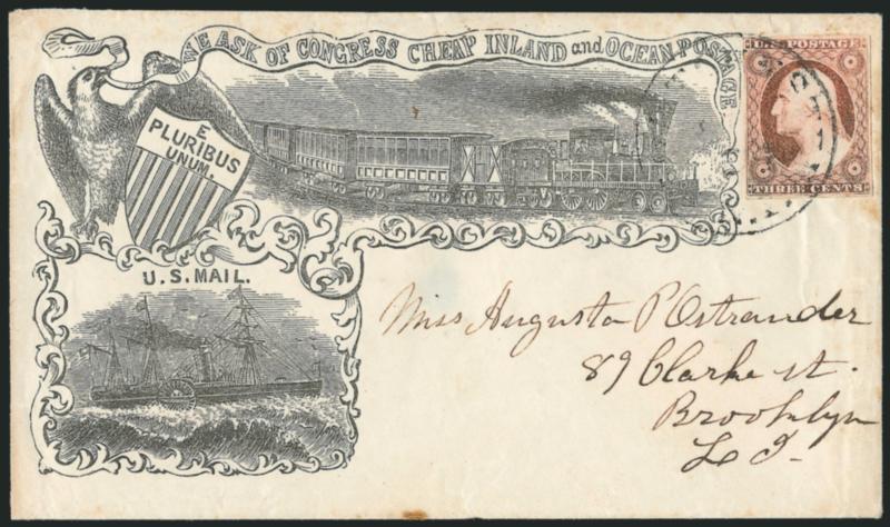 3c Dull Red, Ty. II (11A).> Large margins to just in, tied by light strike of New York town datestamp on arnabas Bates illustrated propaganda> cover with elaborate design for <Cheap Inland and Ocean Postage,>
wonderful depiction of steamship and ra
