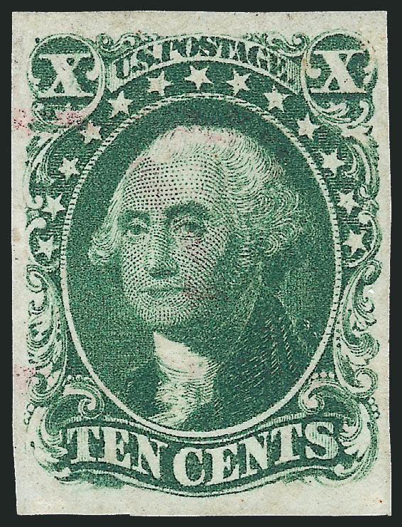 10c Green, Ty. IV (16).> Position 55L1, recut at bottom, large and balanced margins, rich color on bright paper, light strike of <magenta> cancel<><>^EXTREMELY FINE. A BEAUTIFUL STAMP AND ESPECIALLY DESIRABLE
WITH THE MAGENTA CANCELLATION.^<><>Wi