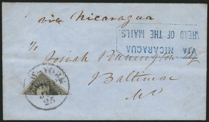12c Black, Diagonal Half Used as 6c (17a).> Top right diagonal half with large margins, tied all around by New-York Ship Jul. 25 circular datestamp on blue linen-lined envelope to Baltimore Md., senders
routing <<Via Nicaragua>> and perfectly cl