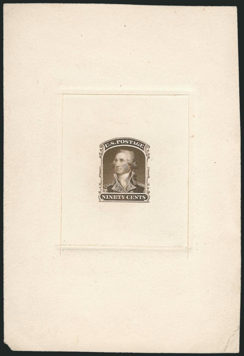 90c Sepia, Large Die Trial Color Proof on India (39TC1).> On 88 x 129mm card with full die sinkage, bright color, manuscript on back reads <ead of Washington from Trumbulls full length portrait at Yale
College>>, small nick at bottom left of car