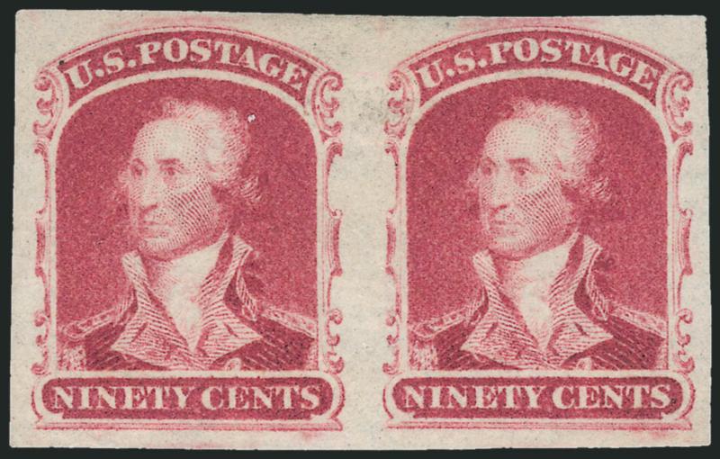90c 1860 Issue, Trial Color Plate Proofs on Wove (39TC5).> Two pairs and seven singles, large margins all around, all Scott-listed colors represented incl. Dark Green, Orange Red, Sepia, Rose Lake, Brown
Orange, Dark Violet Brown, Black is more of a