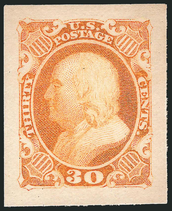 30c Orange, Panama-Pacific Small Die Proof on Wove (46P2a).> Large margins, bright color, usual slight overall toning which is a characteristic of virtually all genuine Panama-Pacific proofs<><>^VERY FINE. AN
EXCEEDINGLY RARE AND DESIRABLE EXAMPLE