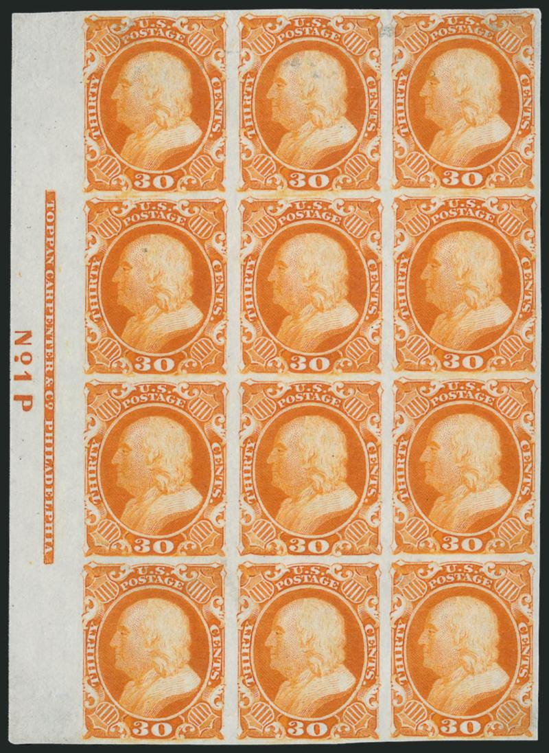 30c Orange, Plate Proof on India (46P3).> Left imprint and plate no. 1P block of twelve, large margins, top stamps with small translucencies, bottom right stamp small thin spot, Very Fine appearance, Scott
Retail as plate block of eight and four si