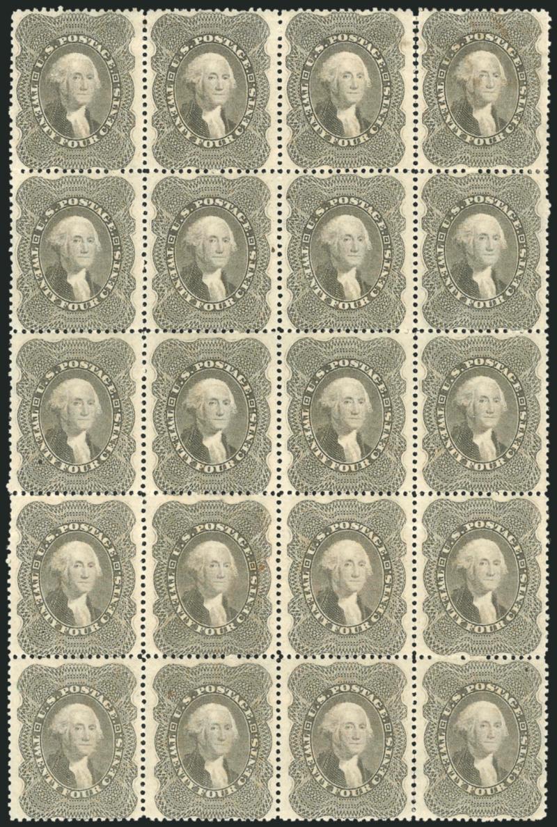 24c Gray Lilac (37).> Vertical block of 20 with full original gum, rich color and remarkably bright and fresh, well-centered for a large multiple, small manuscript note on back shows thru slightly on upper
right pair, faint bend in fourth row, one st