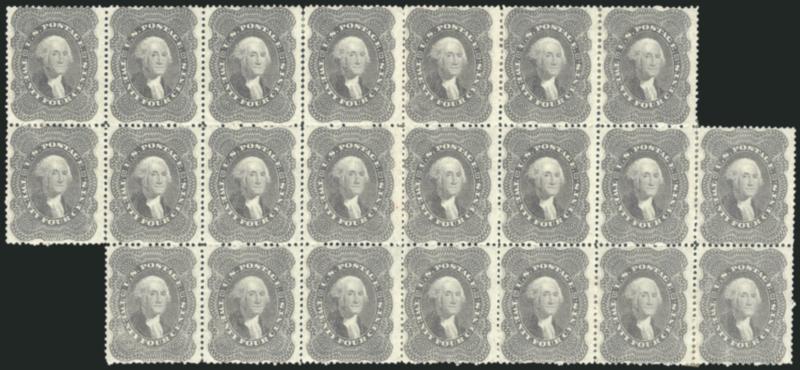 24c Gray Lilac (37).> Block of 22, original gum, h.r. incl. where some perfs sensibly reinforced, bright color, few minor flaws incl. bottom right stamp light crease<><>^VERY FINE. THIS IS THE LARGEST RECORDED
MULTIPLE OF THE 1860 24-CENT ISSUE. A