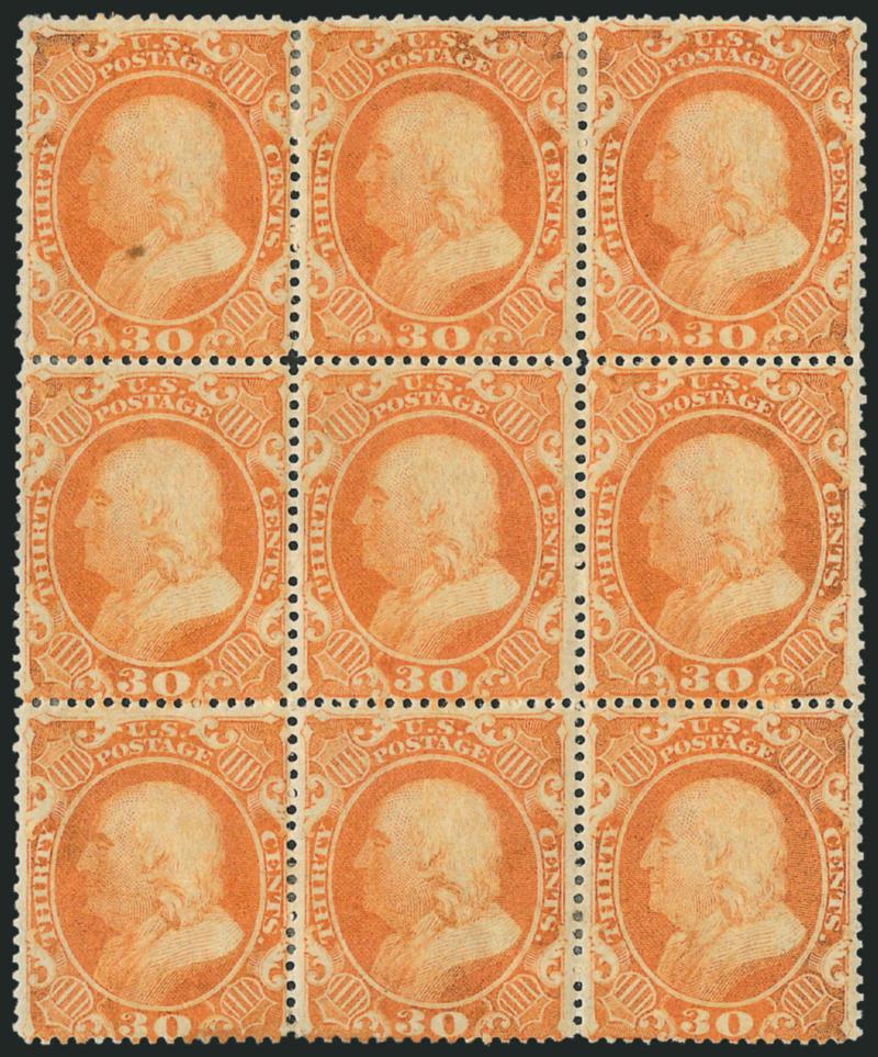 30c Orange (38).> Block of nine, original gum, h.r. except center and center right stamps barest trace of hinging, vibrant color, choice centering for this difficult issue, top left stamp tiny
translucency<><>^VERY FINE APPEARANCE. A RARE ORIGINAL-