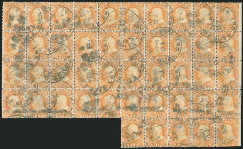30c Orange (38).> Block of 45 consisting of reconstructed blocks of 25 and 20, straddle-pane margin and centerline at right, pretty shade, cancelled by multiple strikes of Sacramento City Cal. Aug. 21 (ca.
1861) circular datestamps, scissors-separa