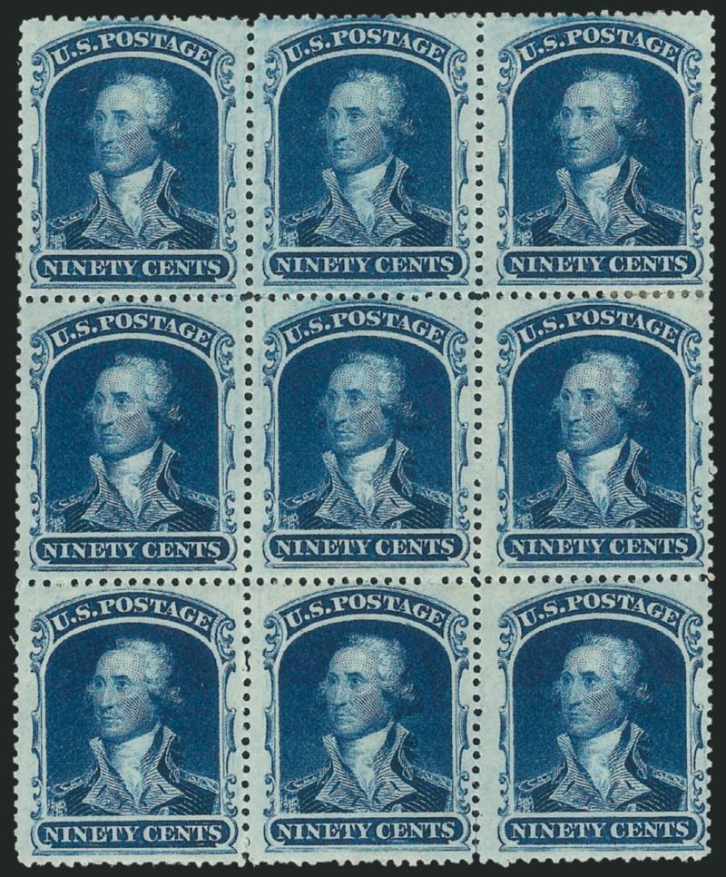 90c Blue (39).> Block of nine, original gum, lightly hinged, deep rich color and proof-like impression, bright fresh paper, exceptionally choice centering and well-balanced margins throughout, trivial natural
gum bend in left vertical row, few perf s