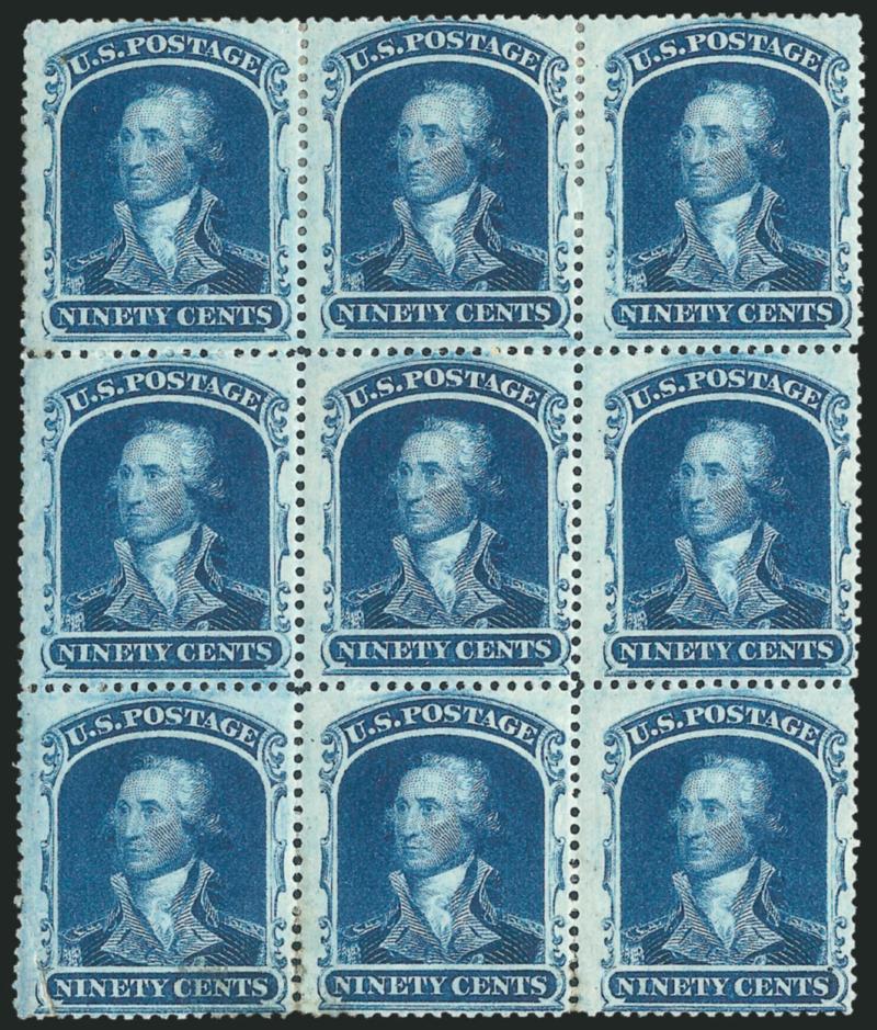 90c Blue (39).> Block of nine, original gum, few hinge remnants where minor perf separations sensibly reinforced, rich color and bright fresh paper, bottom left stamp has corner crease ending in small tear,
same stamp and adjoining stamp at bottom ce