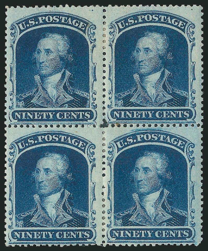 90c Blue (39).> Block of four, original gum, h.r., rich color, top right stamp small thin spot at bottom left corner<><>^VERY FINE APPEARANCE. AN EXTREMELY RARE ORIGINAL-GUM BLOCK OF FOUR OF THE 90-CENT 1860
ISSUE.^<><>Ex Waterhouse. With 1991 P.