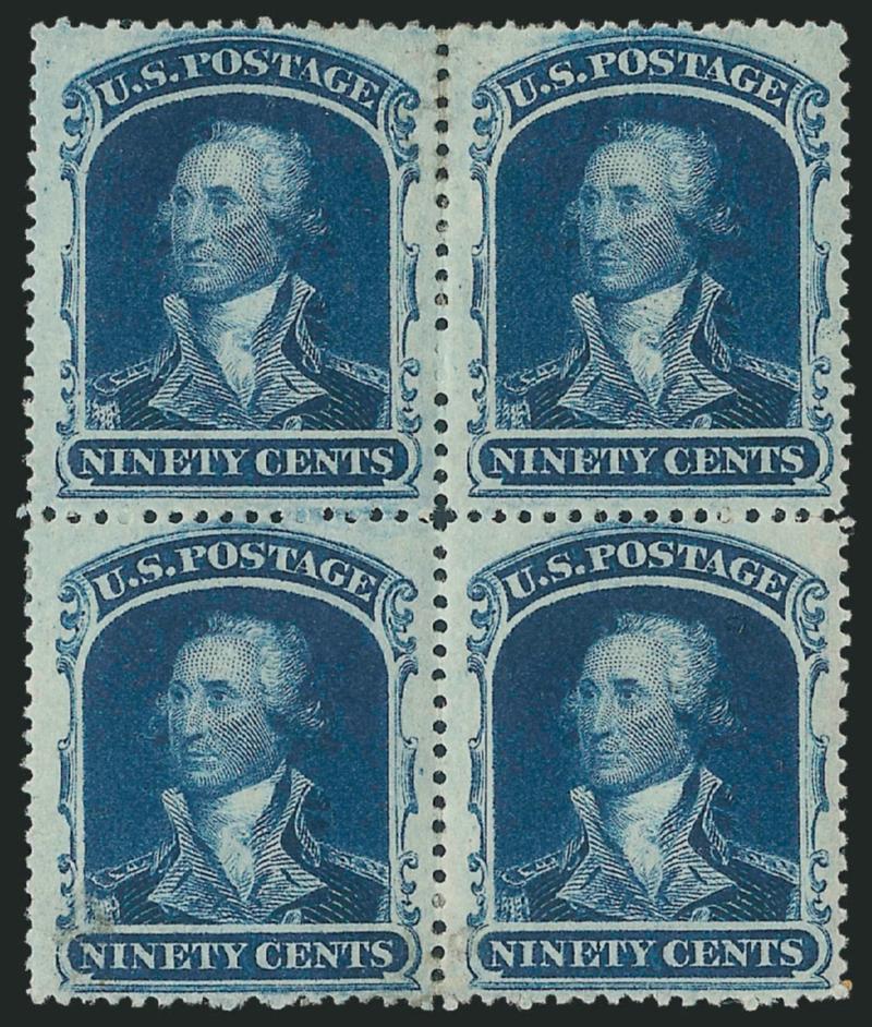 90c Blue (39).> Block of four, original gum with small hinge remnants and some slight disturbance from hinge removal, deep rich color, choice centering and well-balanced margins, hinge removal has caused some
small patches of missing gum and a few ti