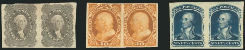 24c Gray Lilac, 30c Orange, 90c Blue, Imperforate (37b, 38a, 39a).> Horizontal pairs of each, 24c ample margins to in at top with a faint crease, 30c mostly ample margins, 90c huge margins with tiny thin in
right stamp<><>^THE FAMOUS COMPLETE SET O