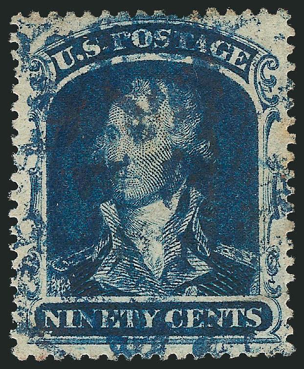 90c Blue (39).> Rich color, cancelled by <blue> Baltimore Md. circular datestamp, repaired, reperfed and with toned spot, otherwise Very Fine, a scarce stamp in used condition, with 1989 P.F.
certificate
