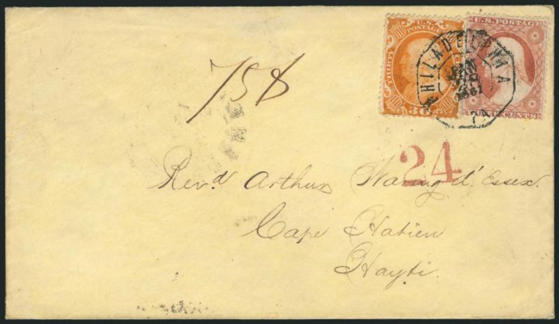30c Orange (38).> Bright color, <used with 3c Dull Red, Ty. III (26)> and tied by well-struck Philadelphia Pa. Jan. 28, 1861 octagonal datestamp on light yellow cover <to Cape Hatien, Haiti,> red 24 credit,
St. Thomas and Jacmel backstamps, flap