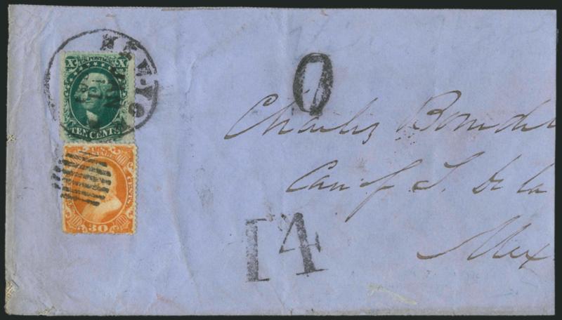 30c Orange (38).> Rich color, used with <10c Green, Type V (35),> tied by grid and New-York Jan. 11, 1861 circular datestamp on mostly complete blue cover <to Mexico,> reduced at top and also at right, 7 due
marking overstruck by 0 and with 14