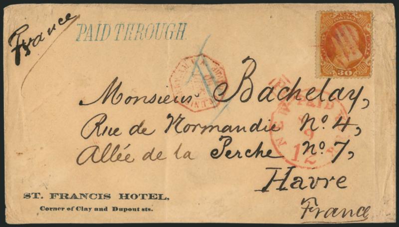 30c Orange (38).> Rich color, tied by red grid, matching New York Paid 12 Sep. 19 credit datestamp on 1860 cover <from San Francisco to Havre, France,> blue <Wells Fargo & Co. ^PAID THROUGH^ straightline>
handstamp, St. Francis Hotel. Corner of