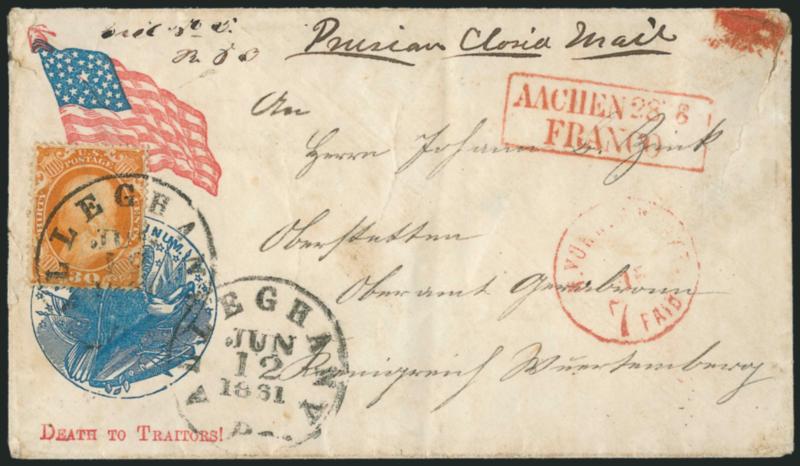 30c Orange (38).> Rich color, tied by Alleghany Pa. Jun. 12, 1861 circular datestamp, second strike below, on red and blue <Death to Traitors! Patriotic cover to Germany,> red N. York Am. Pkt. 7 Paid Jun. 15
credit datestamp, red boxed Aachen