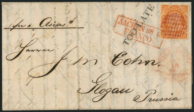 30c Orange (38).> Bright color, cancelled by <red criss-crossing grids>, matching N. York Am. Pkt. 7 Paid Sep. 14 credit datestamp on 1861 folded letter <to Glogau, Prussia,> stamp also tied by red boxed
Aachen Franco transit handstamp, endorsed