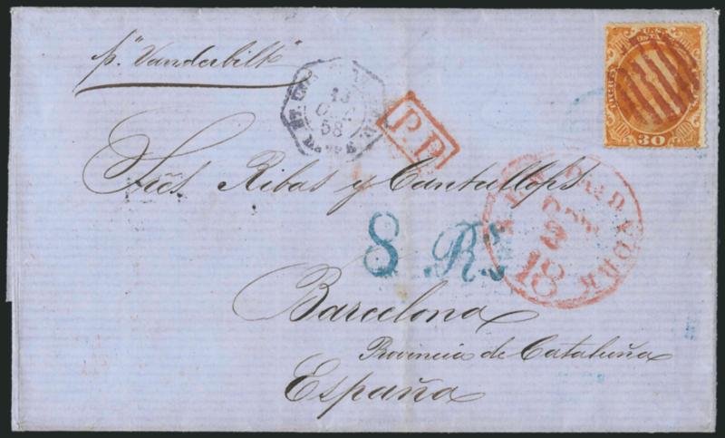 30c Orange (38).> Cancelled by red grid, matching New York Paid 18 Oct. 3 credit datestamp on 1858 blue folded cover <to Barcelona, Spain,> endorsed <<P Vanderbilt>> and carried aboard the famed
<<<Vanderbilt>>> of the Vanderbilt Line, Havre tran